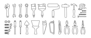 İnşaat araçları vektör seti. Siyah çizgi çizimi. Ayarlanabilir anahtar, fırça, silindir, çekiç ve çivi. Sik, somun ve cıvata. Bant ölçüsü, tornavida, macun bıçağı, testere, pense ve tel kesici.