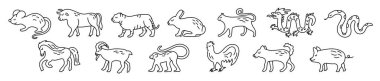Çin burcu. sıçan, öküz, kedi, tavşan, tavşan, kaplan, ejderha, yılan, at, keçi, maymun, horoz, köpek ve domuz. Hayvan sembolleri 2022, 2023 vektör kümesi. Siyah çizgi çizimi. Düzenlenebilir yol