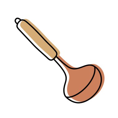 Çorba kepçesi. Mutfak eşyaları skeci. Çizgi çizgisi vektör mutfak gereçleri ve aletleri. Çatal bıçak çizimi
