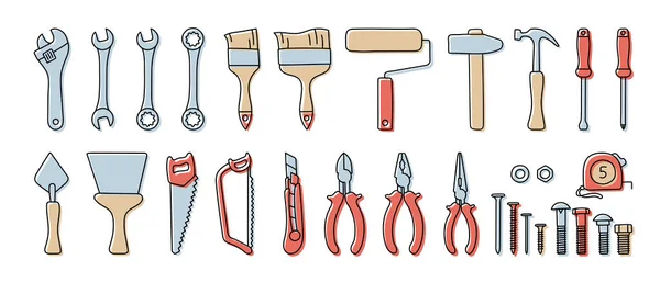 Construction Tools Vector Set Color Doodle Sketch Adjustable Wrench Brush — Stock Vector