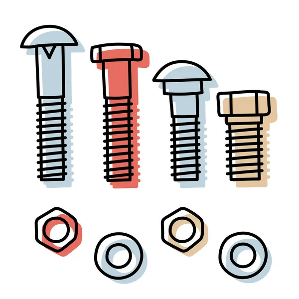 Bolt Nut Washer Screw Vector Set Color Doodle Sketch Illustration — Stock Vector