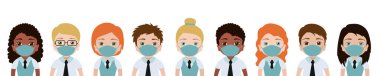 Tıbbi maskeli çocuklar. Vektör oğlan ve kız. Virüs afişini koru. Beyaz arka planda izole edilmiş çizgi film karakterleri. İnsan koleksiyonu. Sosyal uzaklık. Çocuk resimleri