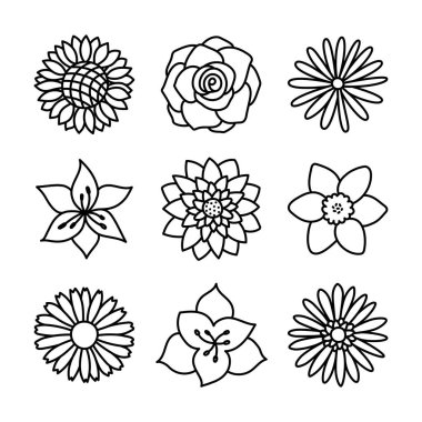 Çiçekler. Doodle vektörü ayarlandı. El çizimi çizimi çiçek koleksiyonu. Papatya, gül, ayçiçeği, aster, amiral, nergis, nilüfer, zambak ve gerbera
