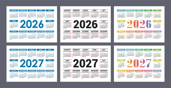 Calendario 2026 2027 Años Inglés Vector Colorido Conjunto Plantilla Pared — Vector de stock