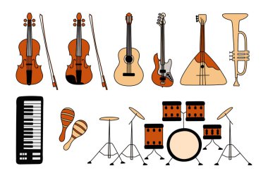 Müzikal enstrüman çizimi. Gitar, keman, keman ve davul. Trompet, midi klavye ve marakas. Çizgi film renk vektörü çizimi