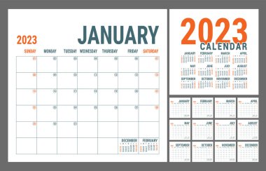 Takvim 2023. İngiliz planlama şablonu. Vektör karesi ızgarası. Ofis işi planlaması. Yaratıcı tasarım. Kırmızı ve gri renk