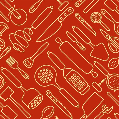 Mutfakta pürüzsüz bir şablon var. Mutfak eşyaları taslak seti. Çizgi çizgisi vektör aletleri, aletler ve çatal bıçak takımı. Spatula, kaşık, bıçak, elek ve makas..