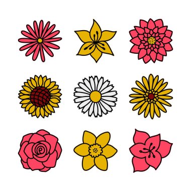 Renkli çiçek. Doodle vektörü ayarlandı. El çizimi karikatür çiçek koleksiyonu. Çiçek çeşitleri. Papatya, gül, ayçiçeği, aster, amiral, nergis, nilüfer, zambak ve gerbera
