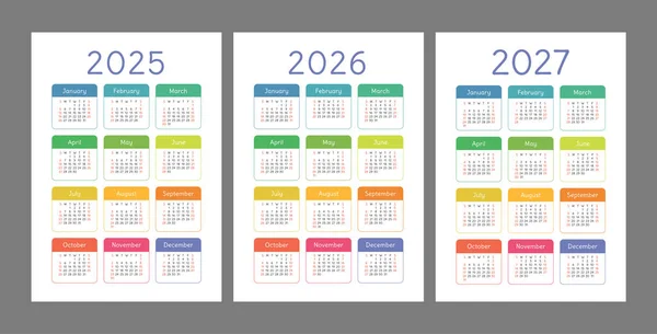 Zakkalender 2025 2026 2027 Jaar Portretoriëntatie Engelse Kleurrijke Vectorset Verticaal — Stockvector