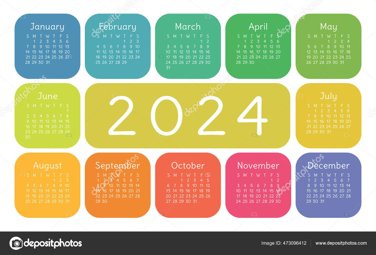 2024年英文彩色矢量水平墙或袖珍日历设计模板星期日开始一周图库矢量图©ra.khusnullina@gmail.com 473096412