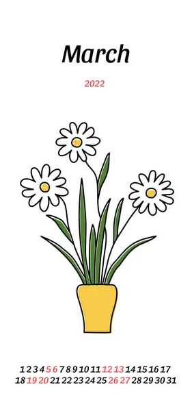 Calendar March 2022 Potted Gerbera Chamomile Sketch Vector Indoor Flower — Vector de stock