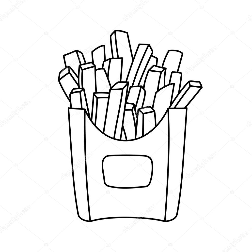 French fries in a box. Fast food sketch. Cartoon black and white line illustration. Unhealthy meal. Vector hand drawn icon for restaurant menu or coloring book for kids