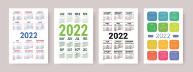 Takvim 2022, ayarlandı. Vektör şablonu koleksiyonu. Basit bir tasarım. Hafta pazar günü başlıyor. Ocak, Şubat, Mart, Nisan, Mayıs, Haziran, Temmuz, Ağustos, Eylül, Ekim, Kasım, Aralık
