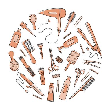 Kuaför aletleri taslağı. Profesyonel kuaför ekipmanı. El çizimi karalama vektör çizimi. Berber dükkanı sembolü koleksiyonu. Saç kurutma makinesi, makas, tarak, düzeltici ve bigudi.