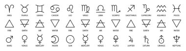 Zodiac işareti, gezegenin elementleri ve sembolleri. Vektör astrolojik takvim masası. Yıldız falı. Kova, Terazi ve Aslan. Ay, Jüpiter ve Venüs. Hava, ateş, su ve toprak. Düzenlenebilir siyah özet