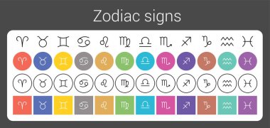 Burç işaretleri: Kova, terazi, aslan, boğa, kanser, balık, başak, oğlak burcu, yay burcu, armalar, gemini, akrep. Astrolojik takvim koleksiyonu, zodiakal renk vektör burcu