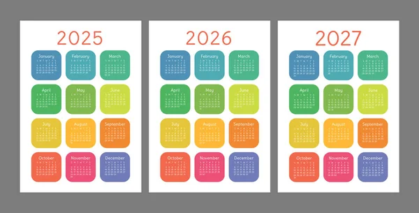Calendario Bolsillo 2025 2026 2027 Años Orientación Vertical Inglés Vector — Vector de stock
