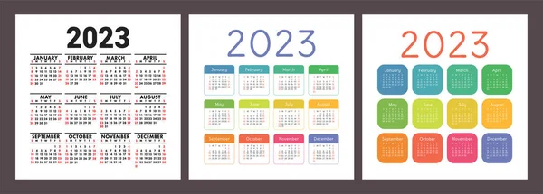 Calendar 2023 Year English Colorful Vector Set Square Wall Pocket — Stock Vector