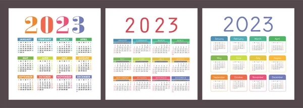 Calendário 2023 Ano Conjunto Vetor Colorido Inglês Parede Quadrada Modelo — Vetor de Stock