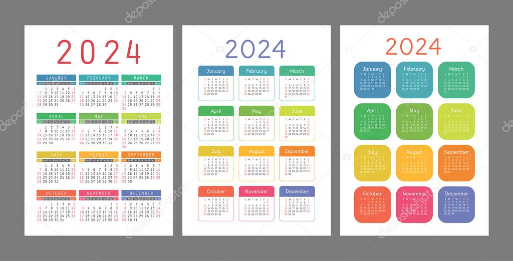 Pocket calendar 2024 year. Portrait orientation. English colorful vector set. Vertical template. Design collection. Week starts on Sunday