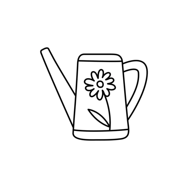 Watering Can Flower Sketch Doodle Black Line Vector Illustration Editable — Stock Vector