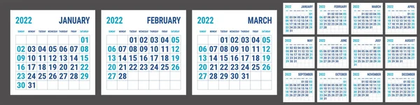 Calendar 2022 Year English Template Vector Square Grid Office Business — Stock Vector