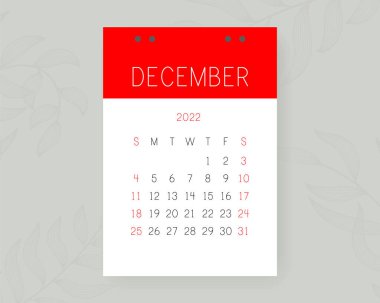 Aralık 2022. Duvardaki yapraklı İngilizce vektör takvim sayfası. Hafta pazar günü başlıyor.