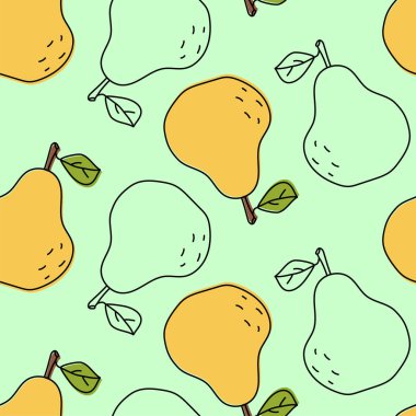 Armutsuz desen. Yaprak kabartmalı meyve. Renkli gıda vektörü çizimi