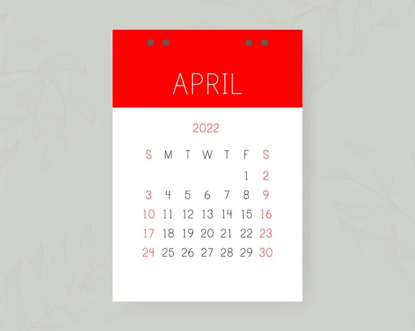 Calendrier Avril 2022 Page Calandre Vectorielle Anglaise Sur Fond Mural — Image vectorielle