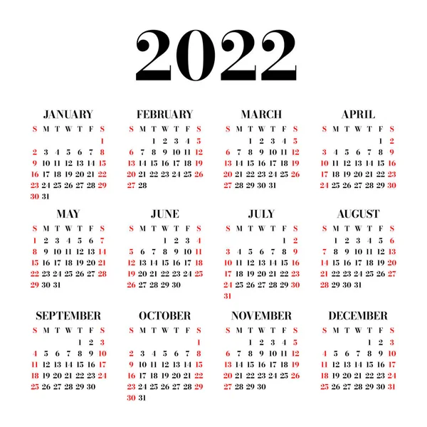 Kalender 2022 Jaar Engels Vector Eenvoudige Vierkante Muur Zakkalender Template — Stockvector