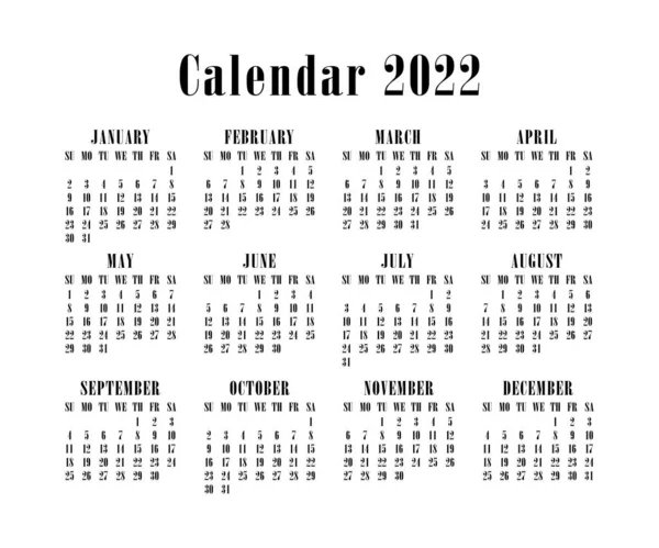 Kalender 2022 Jahr Englische Vektorkalender Vorlage Woche Beginnt Sonntag — Stockvektor
