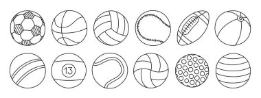 Spor topu çizim seti. Siyah karalama taslak simgesi. Vektör serbest çizim. Futbol, basketbol, voleybol, beyzbol, rugby, bilardo, tenis, golf, çocuklar, plaj, fitness ekipmanları.