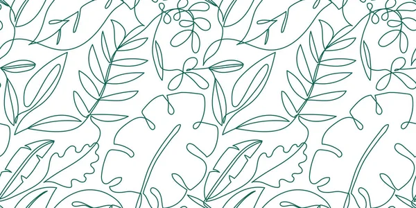 One Line Leaves Seamless Pattern Vector Green Leaf Hand Drawn — Stock Vector