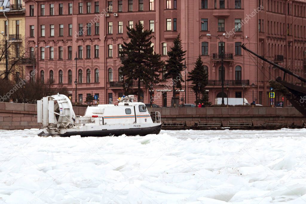 Russia, Saint Petersburg - February 14, 2020: Rescue hovercraft in the waters of the Neva river