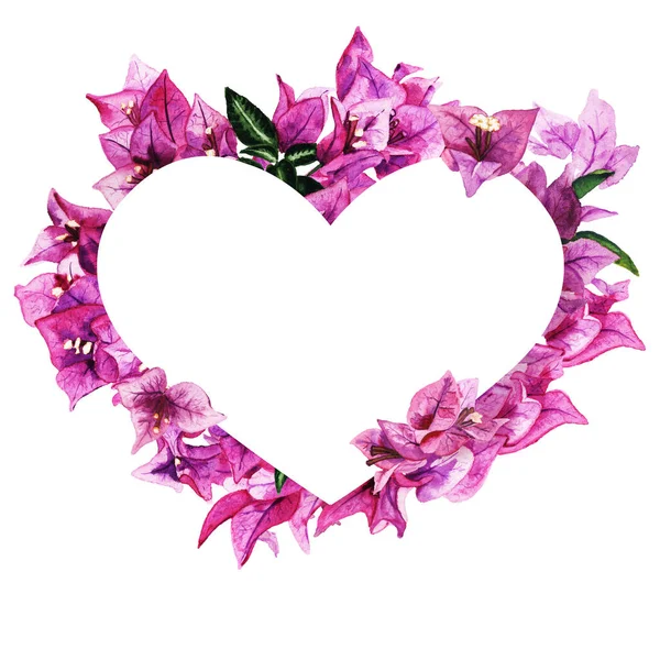 Καρδιά ρομαντικό πλαίσιο με ακουαρέλα μπουκαμβίλιες λουλούδια — Φωτογραφία Αρχείου