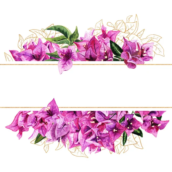 Rahmen mit Aquarell und goldenen Bougainvillea-Blumen — Stockfoto