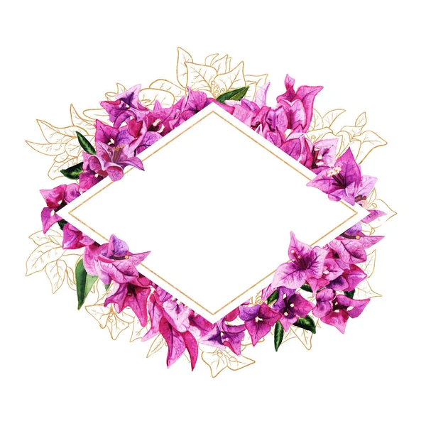 Рамка з акварельними і золотими квітами бугенвільї — стокове фото