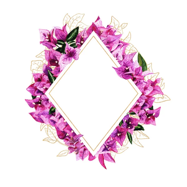 Frame with watercolor and golden bougainvillea flowers — Stock Photo, Image