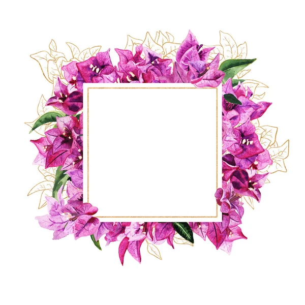 Frame with watercolor and golden bougainvillea flowers — Stock Photo, Image