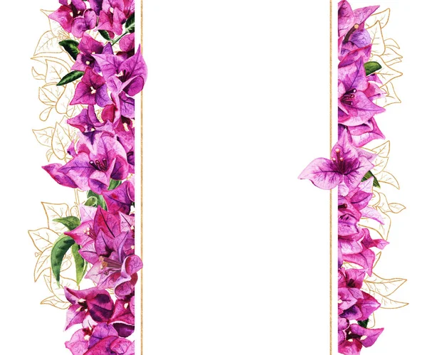Frame with watercolor and golden bougainvillea flowers — Stock Photo, Image