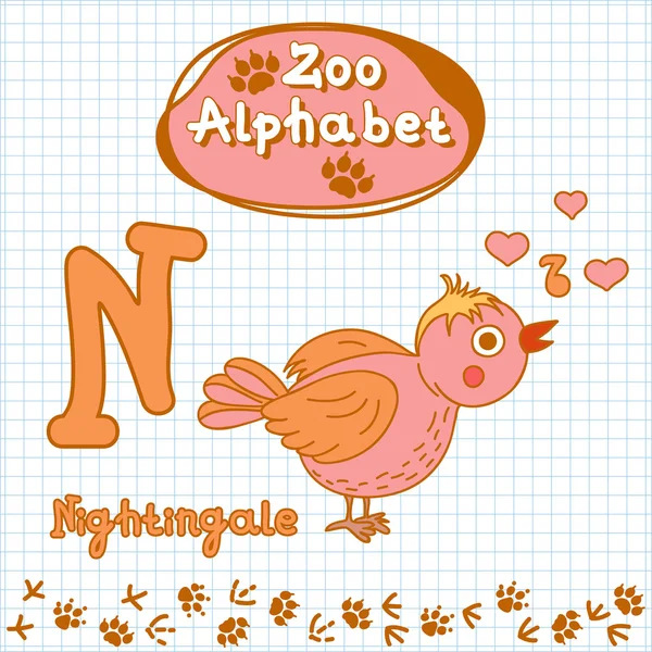 Alphabet with nightingale, letter N — Stock Vector