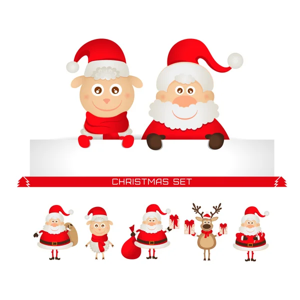 Set de navidad santa claus, renos de Navidad, ovejas — Vector de stock