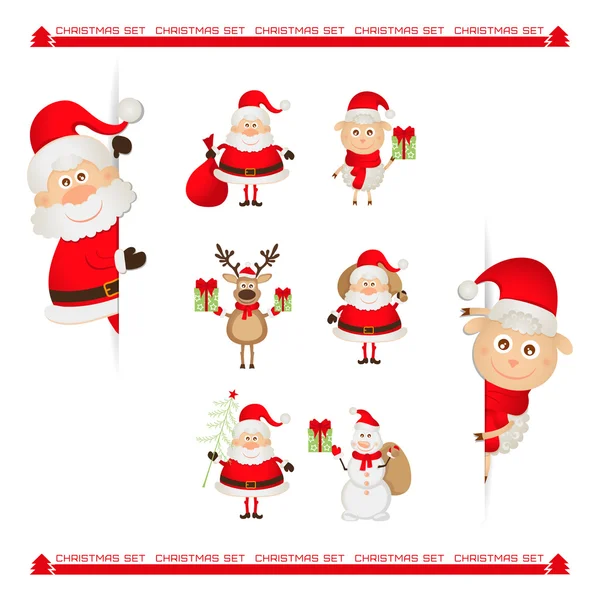 Papá Noel, renos, muñeco de nieve, set de personajes navideños — Vector de stock