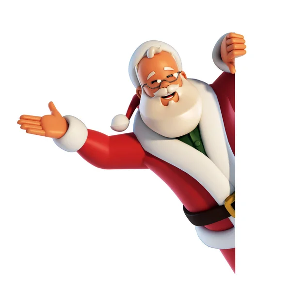 Santa Claus Achter Witte Boord Zwaaien Hand Geïsoleerd Witte Achtergrond — Stockfoto