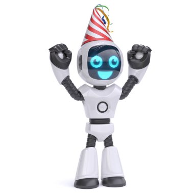 Beyaz arka planda doğum günü şapkası olan küçük robot 3D görüntüleme