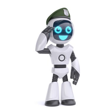 Robot asker, askeri robot. Beyaz arka planda 3D canlandırma.
