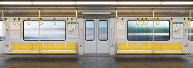 Metro vagonunun içi boş, metro kesiti, 3D görüntüleme.