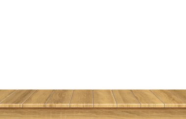 Beyaz arkaplan üzerinde izole edilmiş kopyalama alanı olan tahta masa üstü 3d