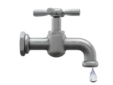 Bir damla su ile su musluğu, beyaza izole edilmiş. 3B görüntüleme