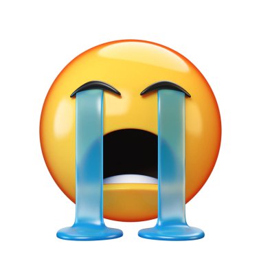 Beyaz arkaplanda izole edilmiş ağlayan emoji, gözyaşları içinde ifade edilen 3D
